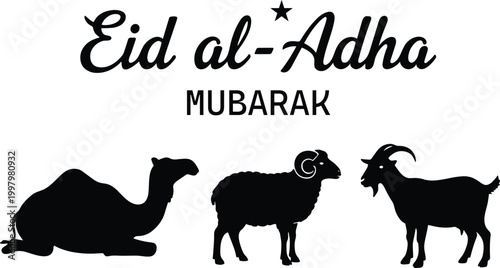 Eid al-adha mubarak greeting with camel, sheep and goat silhouettes.