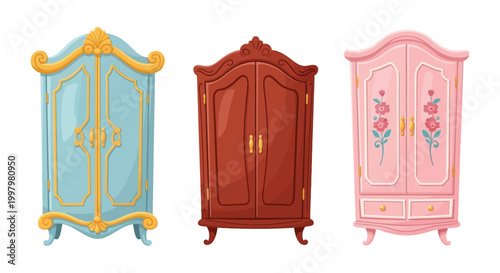 A charming illustration depicting three vintage wardrobes in pastel blue dark red and light pink