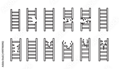 Set of broken ladders on white background representing business failure and setbacks