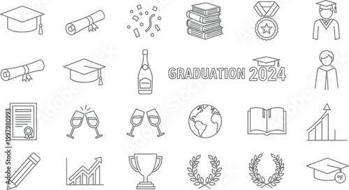 A comprehensive collection of outline icons representing academic achievement, graduation ceremonies, and educational milestones perfect for celebrating students completing their studies.