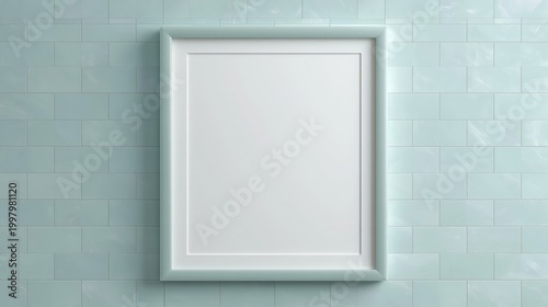 Blank Vertical Picture Frame Mockup Against a Light Blue Ceramic Tiled Wall Background Interior