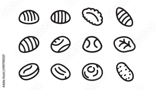 Set of simple line icons representing various beans and legumes on white background