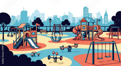 Colorful urban playground with swings slides and jungle gym.