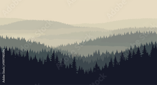 A serene forest landscape with layered hills and trees