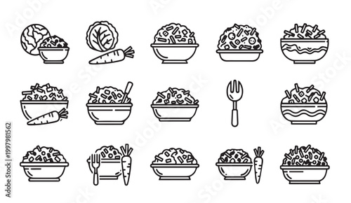 Set of vector icons representing coleslaw and salad dishes with fresh vegetables