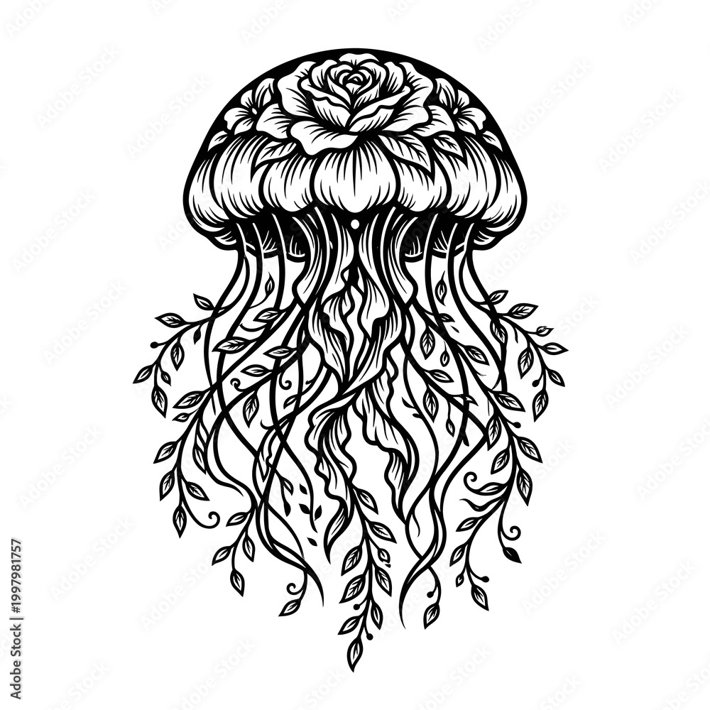 Fototapeta premium icon blending the fluid shape of a jellyfish with blooming botanical elements. This artistic design represents organic beauty, femininity, and the harmony of nature in a minimalist black and white 
