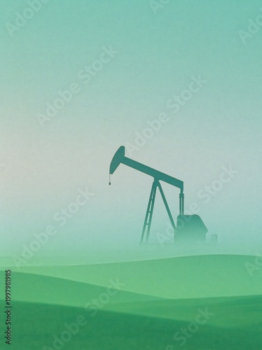 A solitary oil pump jack standing in a vast, foggy landscape during the early morning light