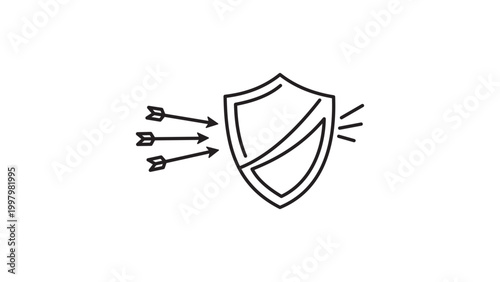 Tableau sur toile Minimalist Black Line Vector Icon of a Shield Deflecting Arrows, Representing DDoS Protection, Cyber Security, and Defense
