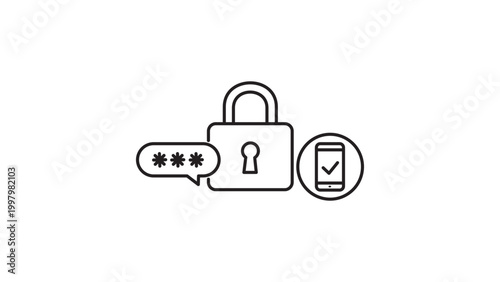 Multi-Factor Authentication MFA Security Concept Vector Icon Featuring a Padlock, Password Bubble, and Smartphone Verification. Minimalist Black Line Illustration with Editable Stroke.