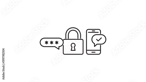 Multi-factor authentication MFA vector icon illustration with editable stroke. Minimalist line art showing a padlock, password asterisks, and smartphone verification for secure login access.