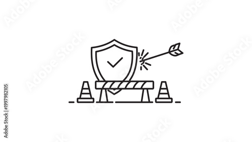 Intrusion Prevention and Cyber Security Concept Illustration, Minimalist Black Line Vector Icon with Editable Stroke Featuring a Shield, Arrow, Barrier, and Traffic Cones on White Background.