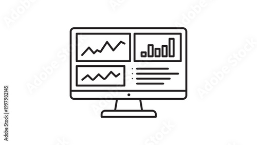Cybersecurity Operations Monitor and Data Visualization Screen Symbol. Thin Line Graphic of a Computer Display Showing Analytical Diagrams for Network Tracking and System Oversight.