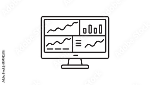 Bilde på lerret Minimalist black line vector icon of a computer monitor displaying a data dashboard with line graphs and bar charts