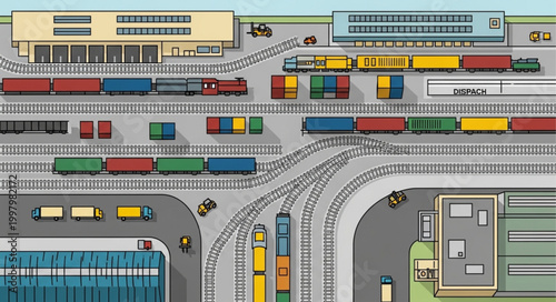 Busy train station with many tracks and colorful trains.