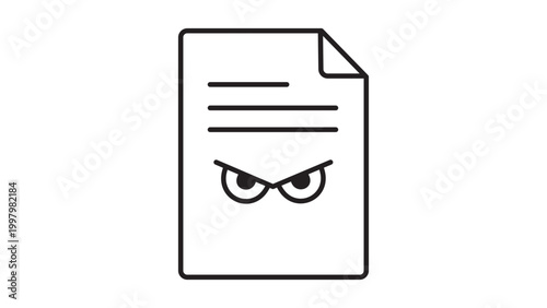 Security Policy and Data Privacy Monitoring Vector Icon Illustration. Minimalist black line document with suspicious angry eyes on white background. Features editable stroke for customization.