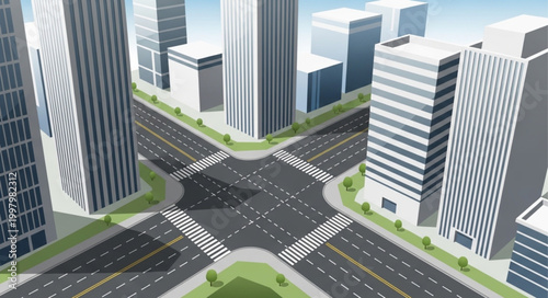 Modern City Intersection with Tall Buildings and Roads.