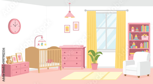 A brightly lit pastel colored nursery features a crib dresser rocking chair and playful decorations