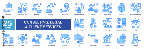 Financial consulting icon set with professional line icons covering advisor services, insurance,legal support,client management,and business strategy.Perfect for corporate and consulting visuals.
