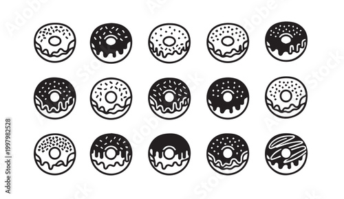 Sweet frosted donuts arranged in a grid pattern with a clean white background