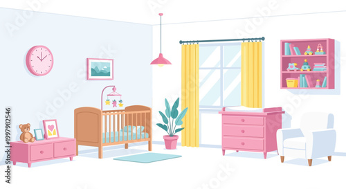 A cheerfully decorated baby s room features a crib dresser and bookshelf with pastel colors