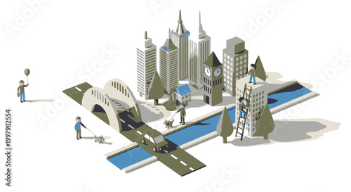 Cityscape Construction Model with River and People