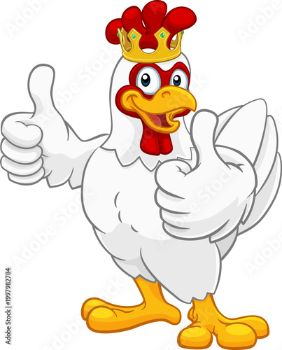 A chicken rooster cockerel bird cartoon character in a kings gold crown giving a double thumbs up