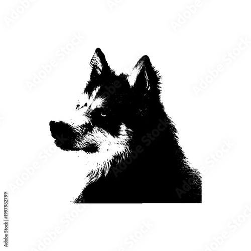 black and white dog, High-Contrast Artistic Silhouette of a Siberian Husky Profile