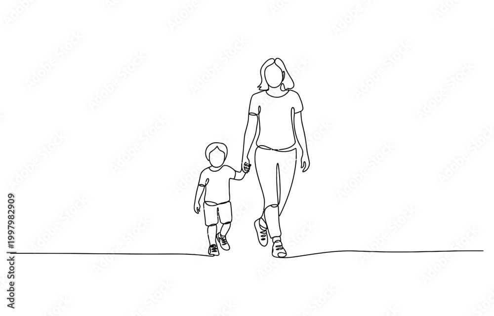 Fototapeta premium Continuous line drawing of a mother walking with her young son