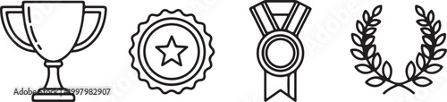 Collection of outline icons for achievement and success, featuring a trophy, star badge, medal, and laurel wreath. Ideal for awards and recognition
