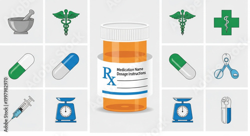 Vector set of medical icons featuring green pharmaceutical glass bottles and white pill capsules isolated for healthcare and pharmacy prescription concepts
