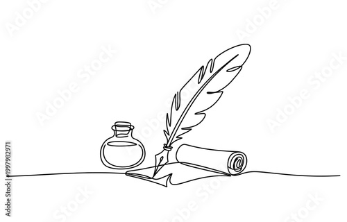 Continuous one line drawing of a quill pen with inkwell and scroll