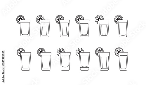 Tequila shots with lime garnish arranged in two rows for a bar or celebration concept