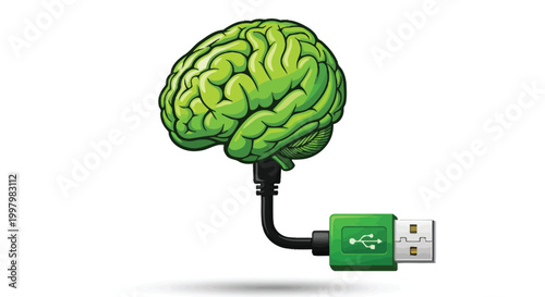 A bright green human brain connected to a black usb cable and connector symbolizing data transfer