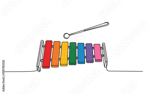 Continuous one line drawing of a colorful xylophone with a mallet