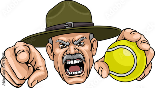 An angry drill instructor or sergeant bootcamp army soldier cartoon character holding tennis ball and pointing sports team mascot illustration.