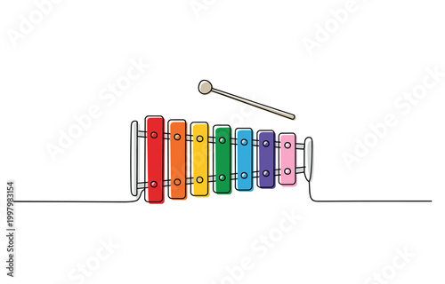 Continuous one line drawing of a colorful xylophone with a mallet