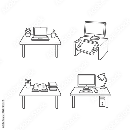 Minimalist workspace desk icons set with computer and office supplies