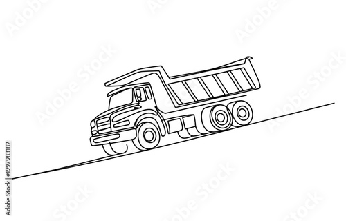 Continuous line drawing of a dump truck driving on a road