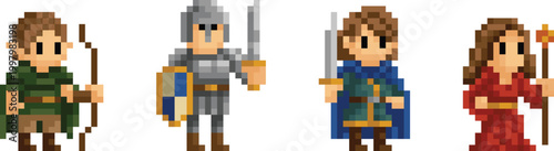 A set of different fantasy adventurer classes cartoon characters in a video game sprite pixel art style. Include wizard, warrior, knight etc.