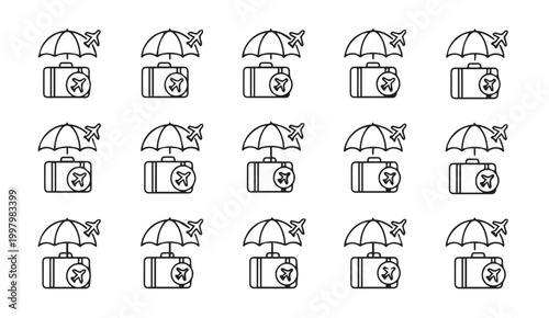 Travel insurance icons with airplane and suitcase under umbrella