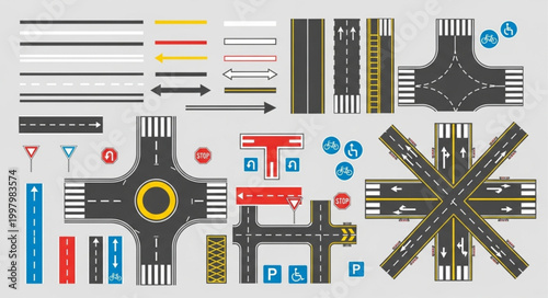 Collection of road elements and traffic signs for urban planning.