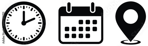 Time date and location icon set including clock calendar and address pin marker symbols for deadlines meetings time management scheduling appointment and business planning workflow