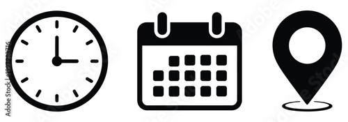 Time date and location icon set of clock calendar and address pin marker signs for deadlines meetings time management scheduling appointment business planning, productivity and organization