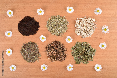 Assortment of dry teas and daisy flowers on the wooden table. Top view. Herbal treatment concept.