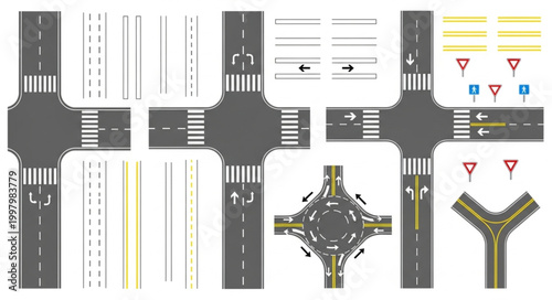 Collection of road intersection elements for urban planning and design.