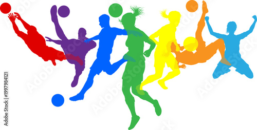 Soccer football player male and female colorful silhouette outlines men and women group