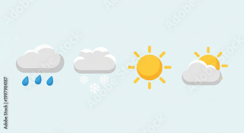 Set of vector weather forecast icons featuring sun, clouds, rain, and moon symbols for meteorology design and climate nature signs