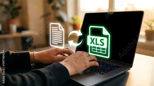 Person's hands typing on a laptop with digital graphic icons showing a document converting into an XLS spreadsheet file format with sync arrows in a bright office setting.