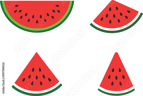 Four slices of watermelon, various shapes, isolated on white