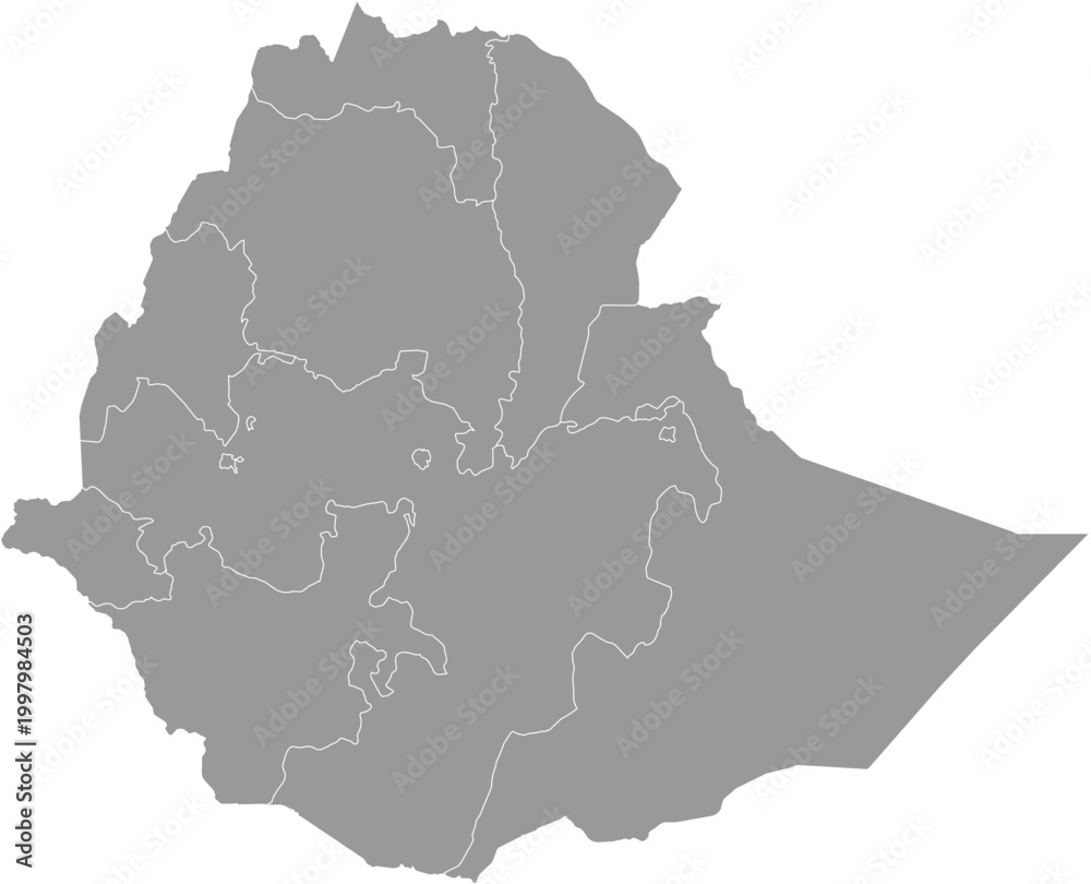 Obraz premium Gray Administrative Map of Ethiopia with White Regional Boundaries and Borders